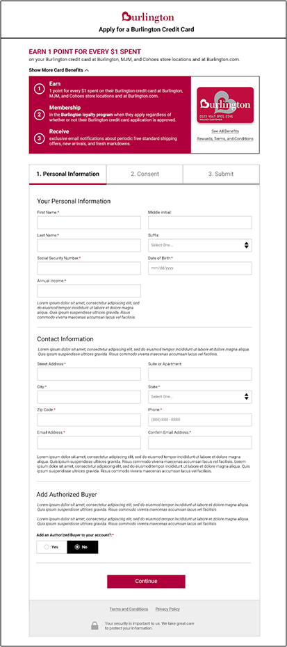 Burlington Credit Card Application Design: Page 1