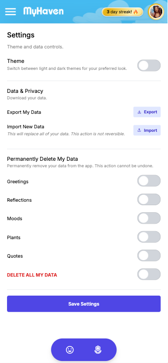 MyHaven: Settings Mobile